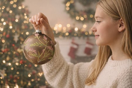 Glas julekugle stor, mat grå med en delikat plantedekoration. Ø 15 cm