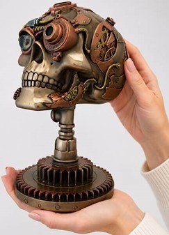 FIGURER STEAMPUNK. Unik bronzefigur af kranium på kædehjul stativ