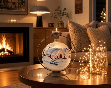 Stor hvid julekugle i glas – unik pynt med vinterlandskab. Ø 15 cm
