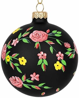 Polsk glas julekugle i sort mat med lyserød blomsterdekoration. 12 cm