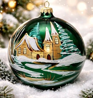 Fantastiske glas julekugle i funklende grøn med vintermotiv. Ø 20 cm