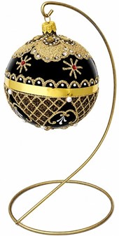 Guld-sort julekugle med hvide perler, røde og hvide krystaller, Ø 10cm