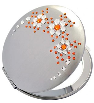 KÆRESTEGAVE. Lille taskespejl med orange og hvid Swarovski krystaller