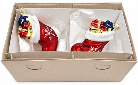 Julestrømper fra Polen. Rød glas julesok med gaver. 2 stk, H 10 cm