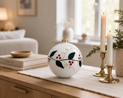 Store julekugler i hvid. Porcelæn blank finish med grøn blade, Ø 15cm