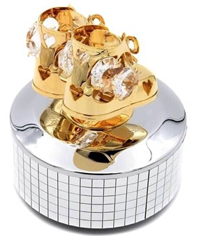 GAVER TIL SØSTER. Flot Swarovski spilledåse med forgyldte små sko