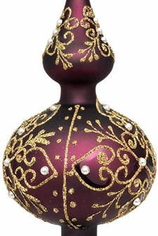 Topspir til juletræ. Spir glas i mat aubergine og gulddekoration. 35cm