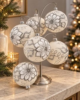 Hvide juletræskugler glas. Smukke håndblæste julekugler. Ø 10 cm 6 stk