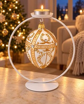 Hvid glas æg med gylden dekoration og gennemsigtige krystaller. 13 cm