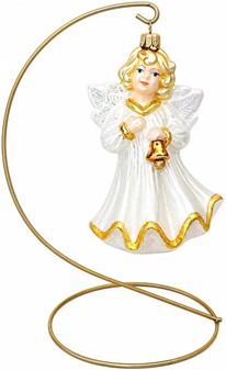 Jule glas figur fra Polen. Sød engel i hvid med klokke. H: 16 cm