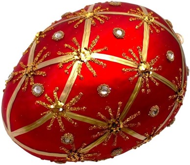 Håndmalet jule glas pynt i rød Fabergé æg form. Julefigur H: 13 cm