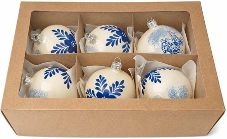 Polske, glas julekugler i porcelænhvid med blåt landskab. 8 cm. 6 stk