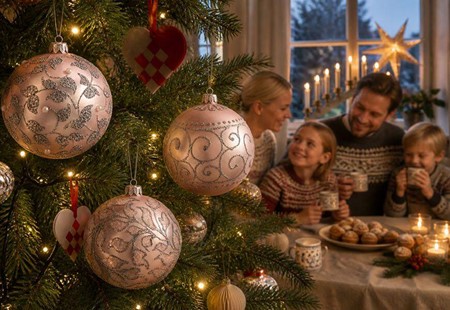Polske lyserøde glas julekugler med sølv plantemotiver. Ø 10 cm, 6 stk