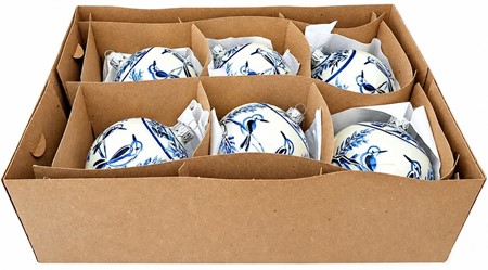 Unikke håndmalede julekugler i porcelæns-look med blå fugle. 8cm, 6stk