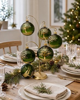 Gennemsigtig grøn glas julekugle blank med gyldent træ, Ø 8 cm 6 stk
