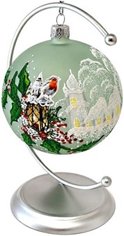 Polsk glas julepynt. Grøn julekugle med en fugl på lanterne. Ø 10 cm