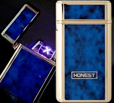 USB Elektrisk Lighter med Dobbelt Lysbue. Guld og Blå Marmor Finish