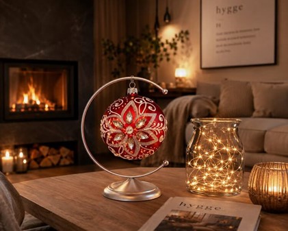 Juledekorationer i glas. Polsk rød julekugle med krystaller og glitter