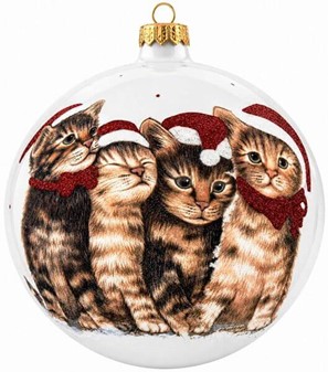 KATTE JULEPYNT. Stor julekugler i hvid med fire katte. Ø 15 cm