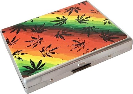 Cigaret etui metal med levende Rasta farver og cannabis blade