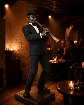GAVE TIL MUSIKER. Flot bronzefigur af Jazz klarinettist. Reol pynt
