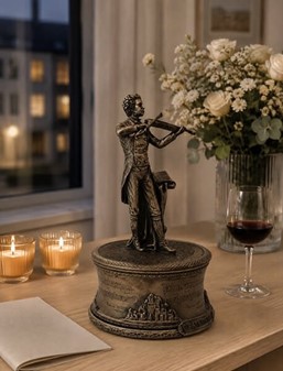 Tidsrejse til Wien. Elegant Johann Strauss Bronzefigur med Spilledåse