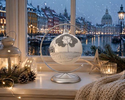 Julekugler med motiv. Sølv hytter på gennemsigtigt glas, Ø 10 cm 6 stk
