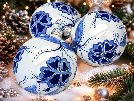 Juledekorationer i glas. Julekugler i porcelæn hvid med blå blomster