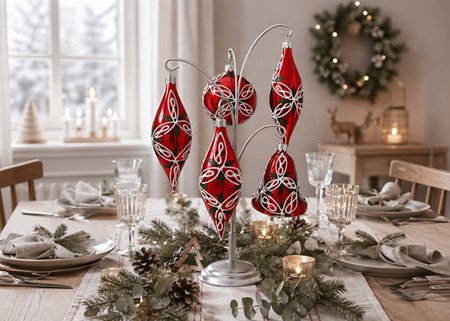Julepynt, glas istapper i rød blank med guld og grøn dekoration. 13 cm