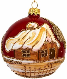 Julekugler i rødt porcelæn farve med gyldne julemotiver, Ø 8 cm 6 stk