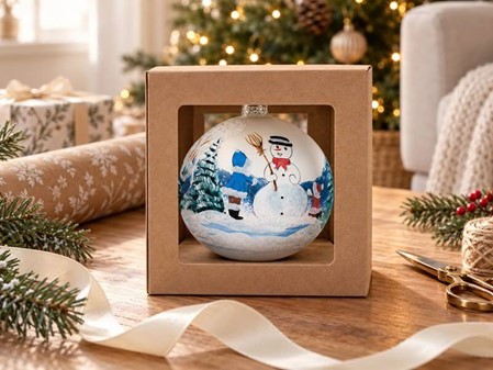 Julekugle glas i hvid mat og et vinterlandskab med en snemand. Ø 10 cm