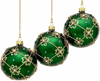 Unikke grøn julekugler blank med perler og guldglimmer. Ø 8 cm, 6 stk