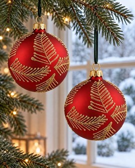 Visuelt slående intense røde matte glas julekugle med guld grangrene