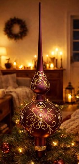 Topspir til juletræ. Spir glas i mat aubergine og gulddekoration. 35cm