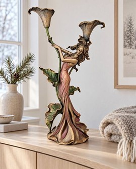 GOD BRYLLUPSGAVE. Art Nouveau lysestage - figur, en kvinde med lilje