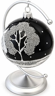 Sort glas julekugler fra Polen med sølve vintermotiver, Ø 10 cm 6 stk
