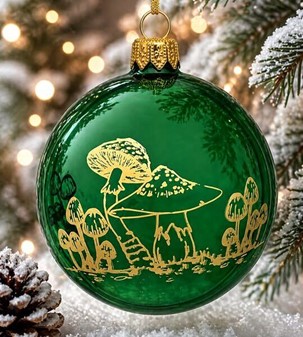 Juletræspynt glas. Gennemsigtig grøn julekugle med svampe, Ø 8 cm