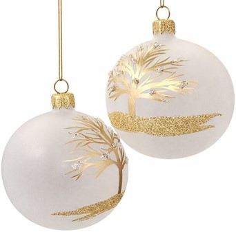 Gennemsigtig hvid glas julekugle matte med gyldent træ, Ø 8 cm 6 stk