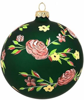 Håndmalede julekugle Polen i grøn mat med rosenrød dekoration. Ø 12 cm
