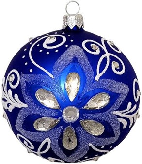 Intens blå juletræskugle dekoreret med store krystaller. Ø 10 cm