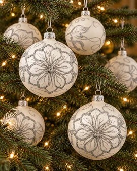 Hvide juletræskugler glas. Smukke håndblæste julekugler. Ø 10 cm 6 stk