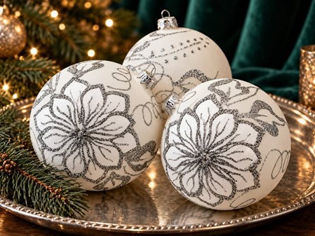 Hvide juletræskugler glas. Smukke håndblæste julekugler. Ø 10 cm 6 stk