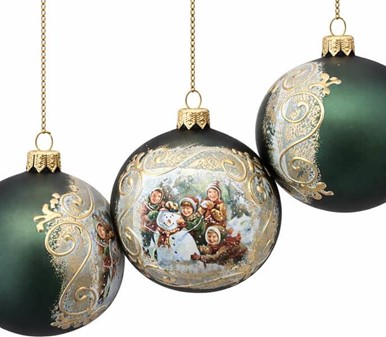 Nostalgiske matgrønne julekugler med børn og snemand. Ø 8 cm, 6 stk