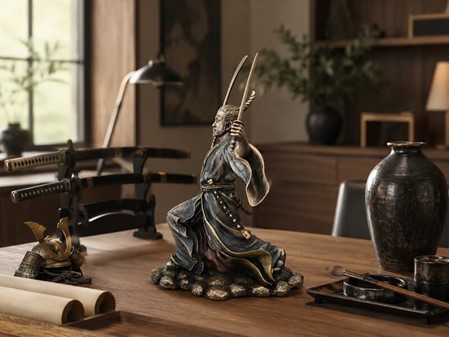 SAMURAI FIGUR. Bronze skulptur af japansk kriger med to sværd