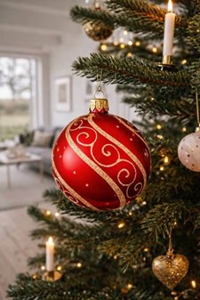 Julekugle glas i rød farve med en blank finish og gylden dekoration