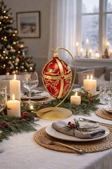 Smuk, håndmalet julepynt i rød Fabergé æg form. Julefigur H: 13 cm