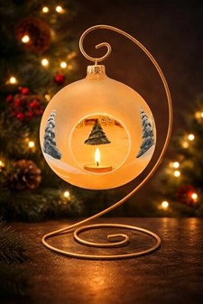 Jule glas lanterne i guld gennemsigtig mat med vinterhytter. Ø 15 cm