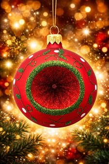 Julekugle med reflektor, mat karmin med grøn glitter, Ø 8 cm 6 stk
