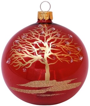Gennemsigtig rød glas julekugle blank med gyldent træ, Ø 8 cm 6 stk