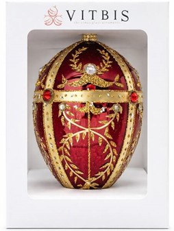 Smuk, håndmalet julepynt i rød Fabergé æg form. Julefigur H: 13 cm